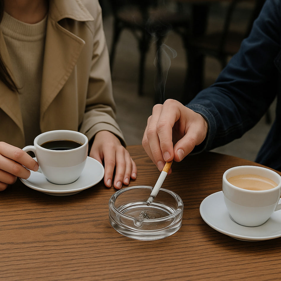 Cenicero Keyif 90 ml en mesa de café con dos personas y tazas
