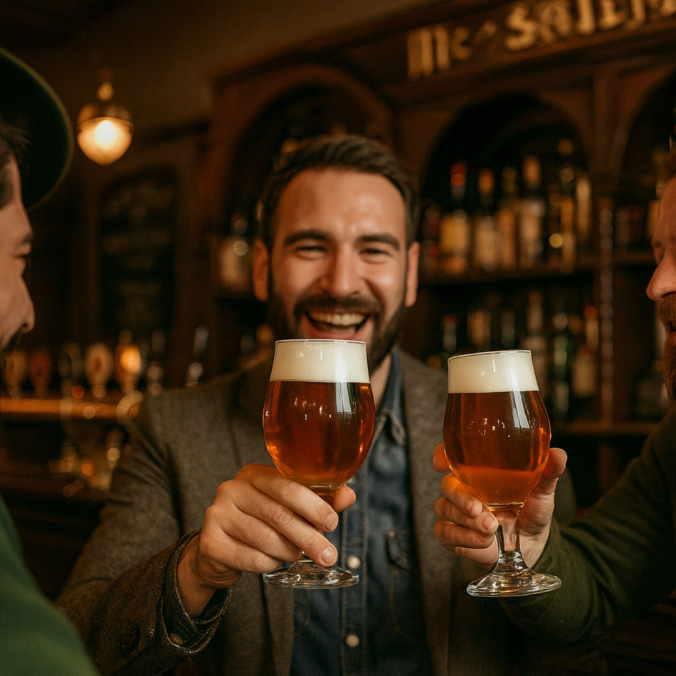 Hombre sonriente sosteniendo dos copas cerveceras Angelina 19 oz con cerveza en un bar