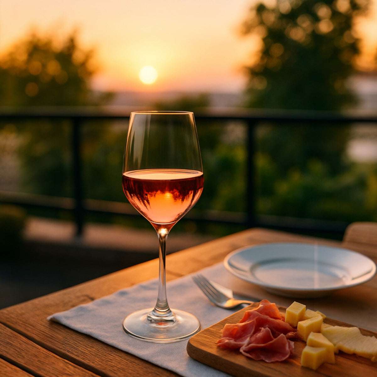 Copa de vino Fame 13 1/4 oz con vino rosado en terraza al atardecer