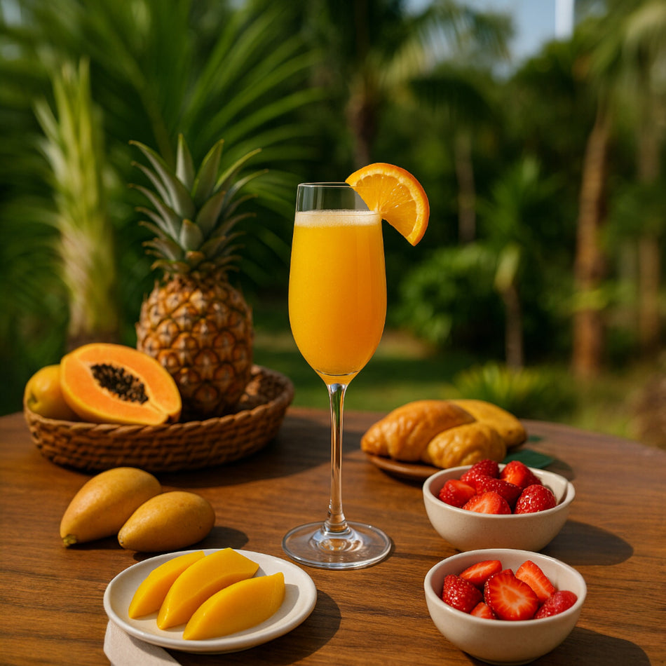 Copa con jugo de naranja junto a mango, papaya y piña en mesa tropical