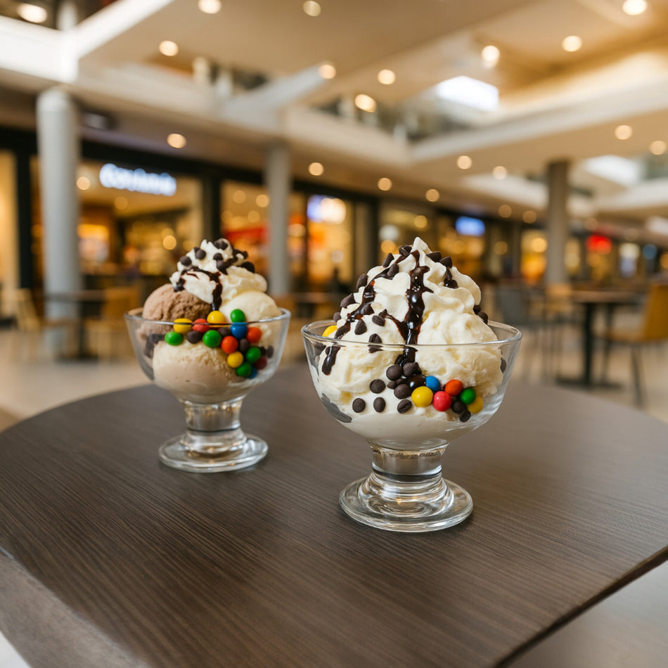 Dos copas con helado de galleta y chispas en mesa de centro comercial