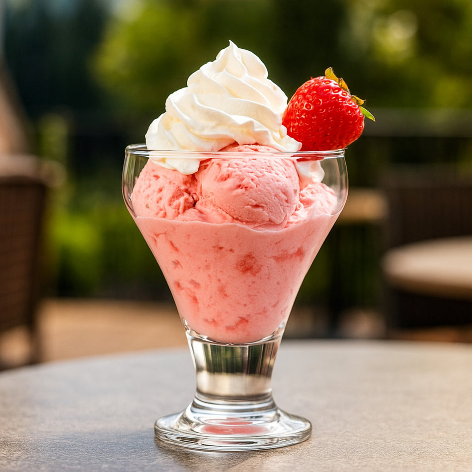 Copa heladera Frosty con helado de fresa, crema batida y fresa en jardín