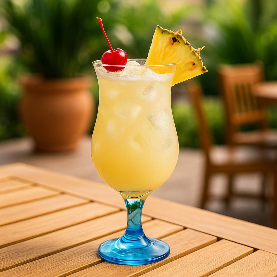 Copa huracán azul 15 1/2 oz con piña colada y cereza en mesa de terraza