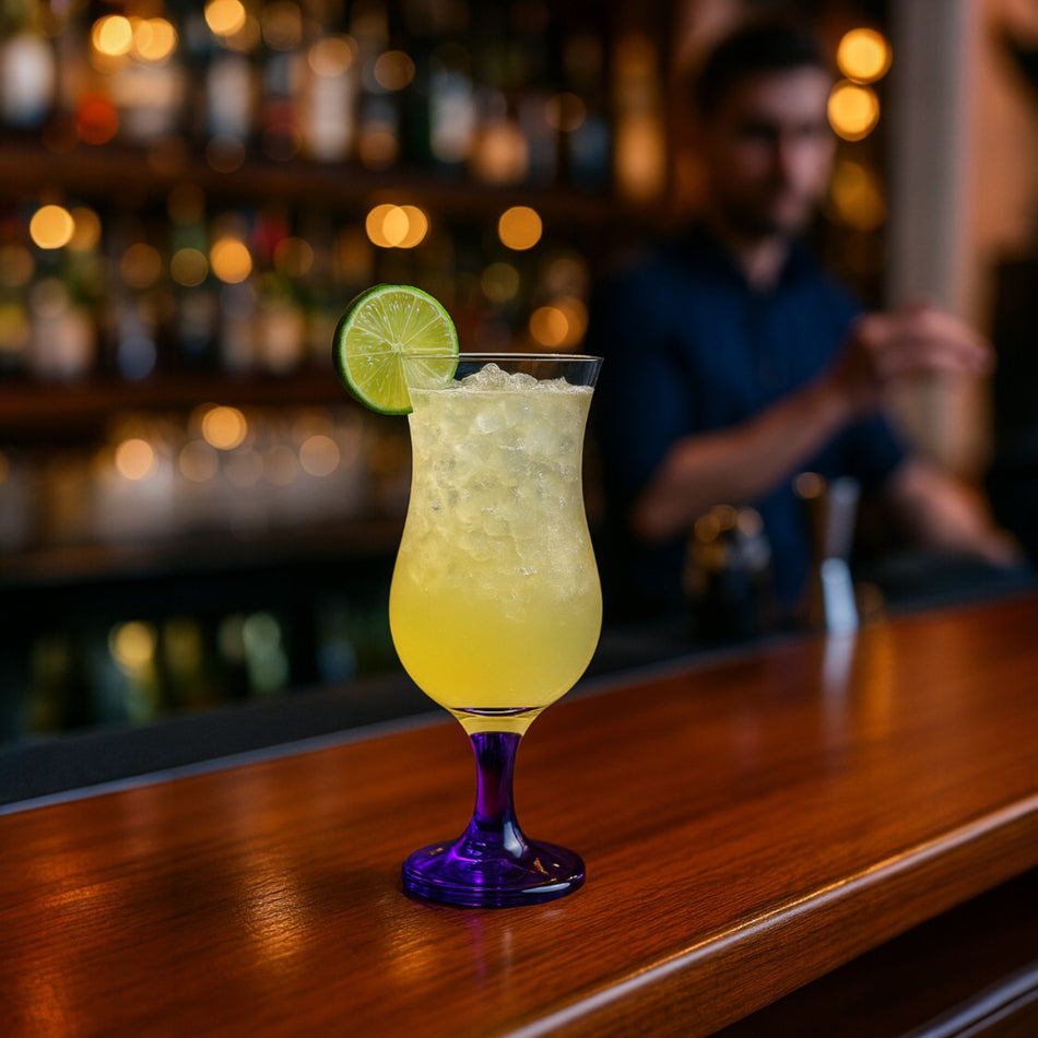 Copa huracán morada 15 1/2 oz con cóctel de limón sobre la barra de un bar