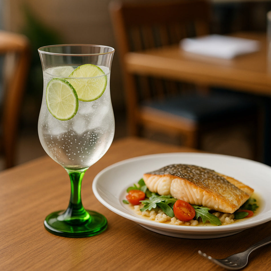 Copa huracán verde 15 1/2 oz con limonada junto a platillo de pescado en restaurante
