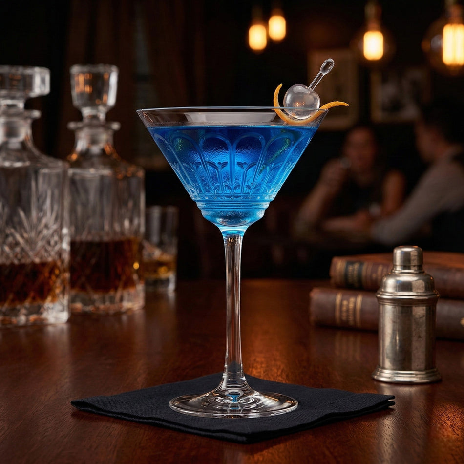 Copa martini Archie Horeca 240 ml con cóctel azul sobre barra de bar con licoreras