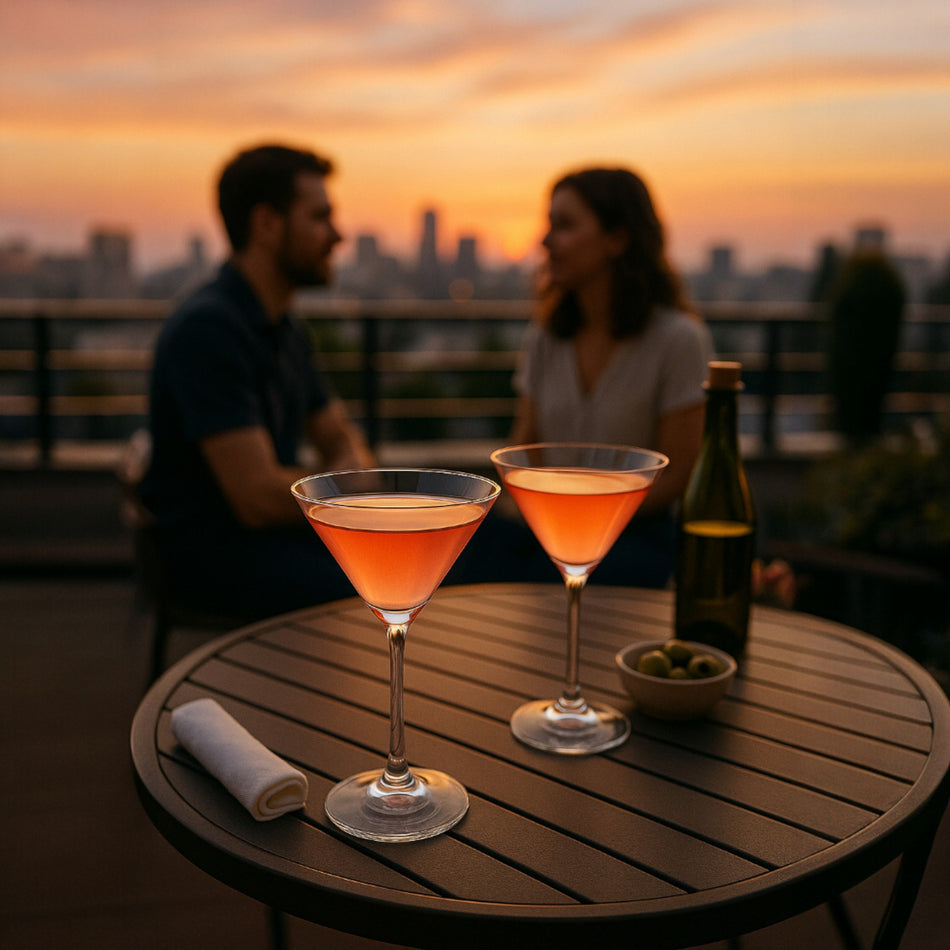 Pareja con copas de coctel rosado en terraza con vista a la ciudad