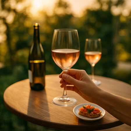 Copa multiusos Fame 16 1/4 oz con vino rosado en terraza al atardecer