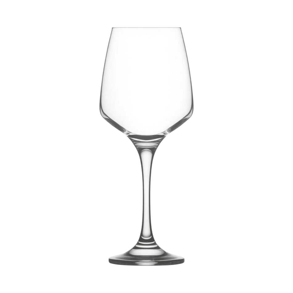 Copa multiusos Lal 13 1/4 oz de LAV, vidrio transparente vacía sobre fondo blanco