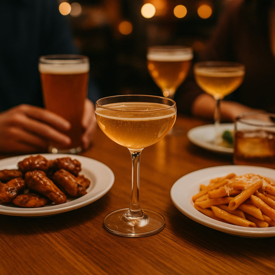 Copas con bebida dorada junto a alitas y papas en mesa de bar