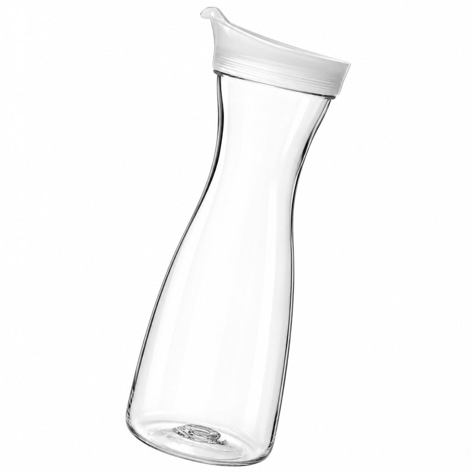 Decantador transparente Buffetware de 1 litro, con cuerpo de cuello estrecho y tapa blanca.