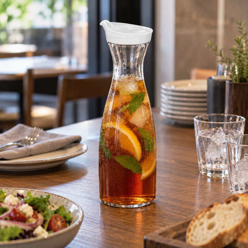 Decantador transparente Buffetware de 1.5 litros con tapa, utilizado para servir bebidas en un entorno de servicio profesional.