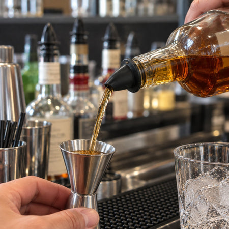 Dosificador de flujo negro Thunder Group colocado en una botella en una barra de restaurante.
