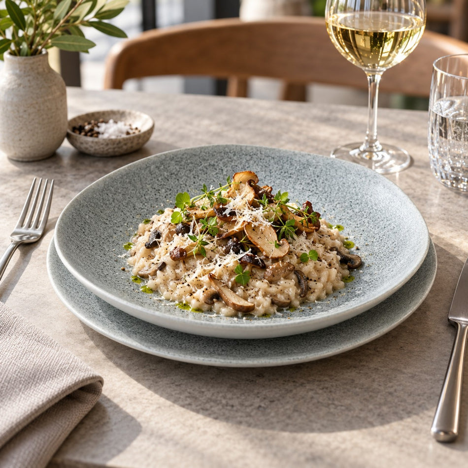 Plato hondo Luca Vago 26 cm 1 lt servido con risotto de hongos sobre plato base
