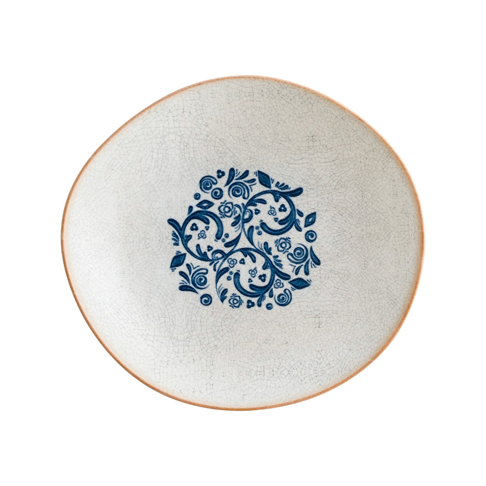 Plato hondo Viento Vago 26 cm 1 lt con motivo azul al centro y borde terracota, vista superior