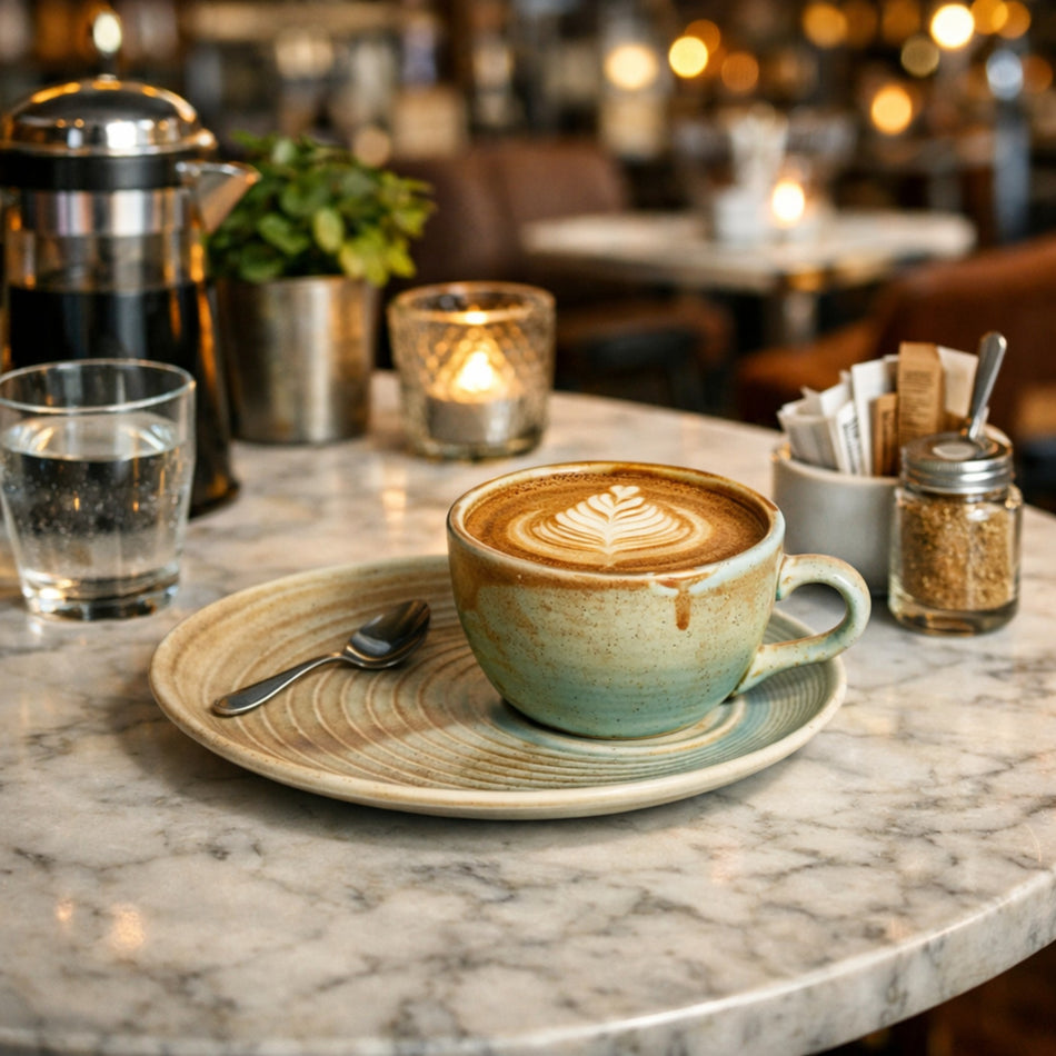 Plato para taza Coral 20 × 17 cm con taza de capuchino sobre mesa de mármol en cafetería