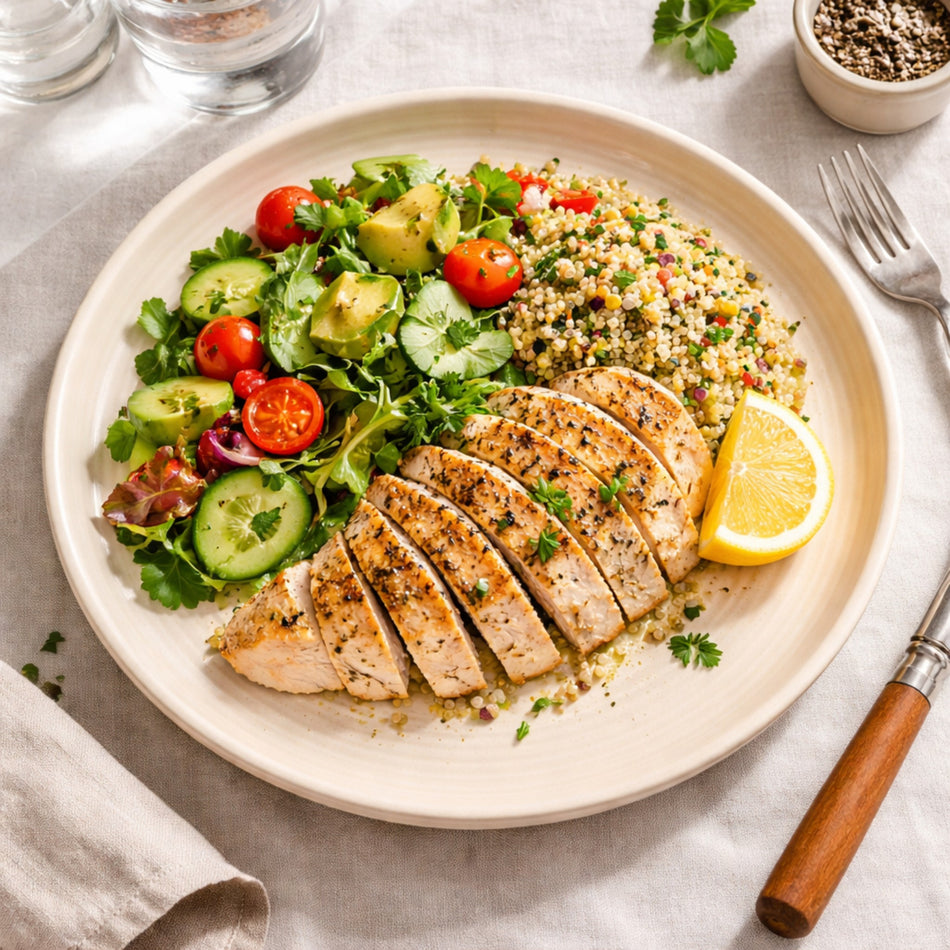 Plato trinche Mirage Ripple 28 cm servido con pollo, quinoa y ensalada en vista cenital