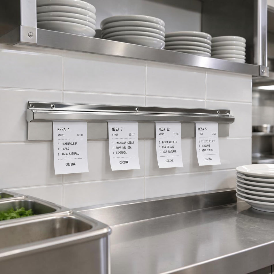 Riel porta comandas de 24 pulgadas con órdenes visibles en una cocina profesional