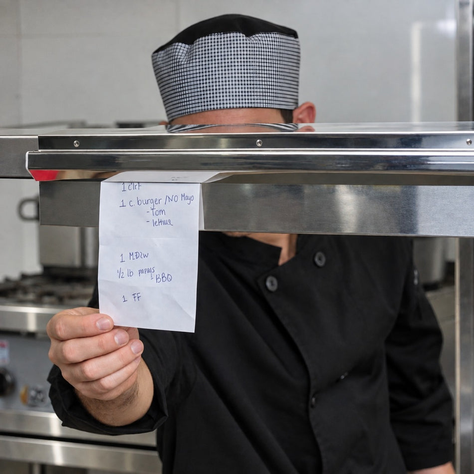  Riel porta comandas de acero inoxidable en la línea de pase de una cocina profesional