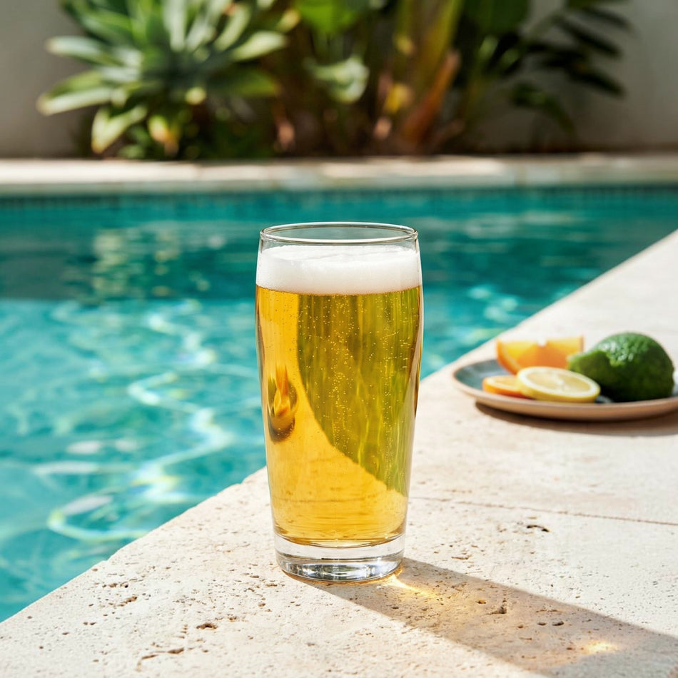 Vaso cervecero Bardi 576 ml con cerveza clara junto a una alberca