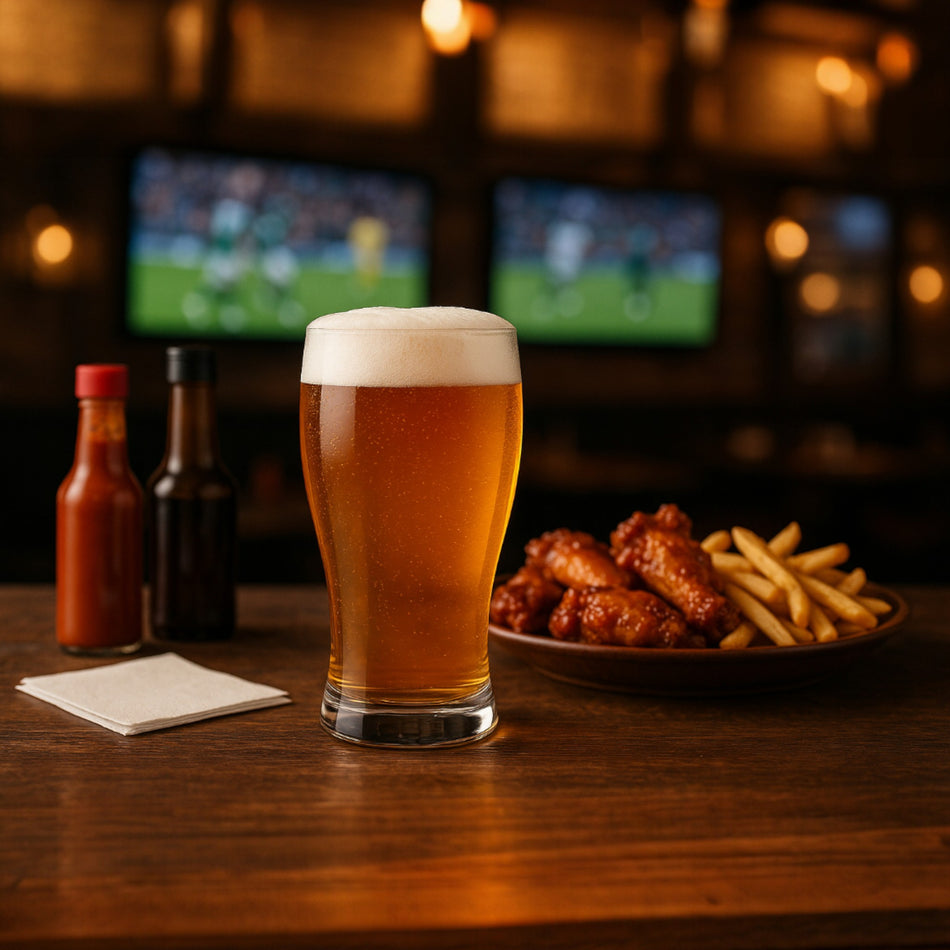 Vaso con cerveza clara y alitas en mesa de bar deportivo