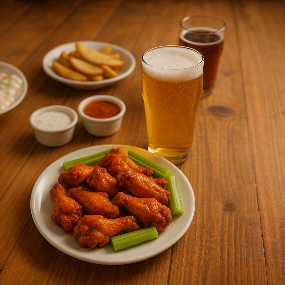 Vasos con cerveza clara junto a alitas y papas en mesa de madera