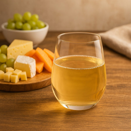 Vaso sin tallo Gaia 11 1/4 oz con bebida dorada junto a uvas y quesos
